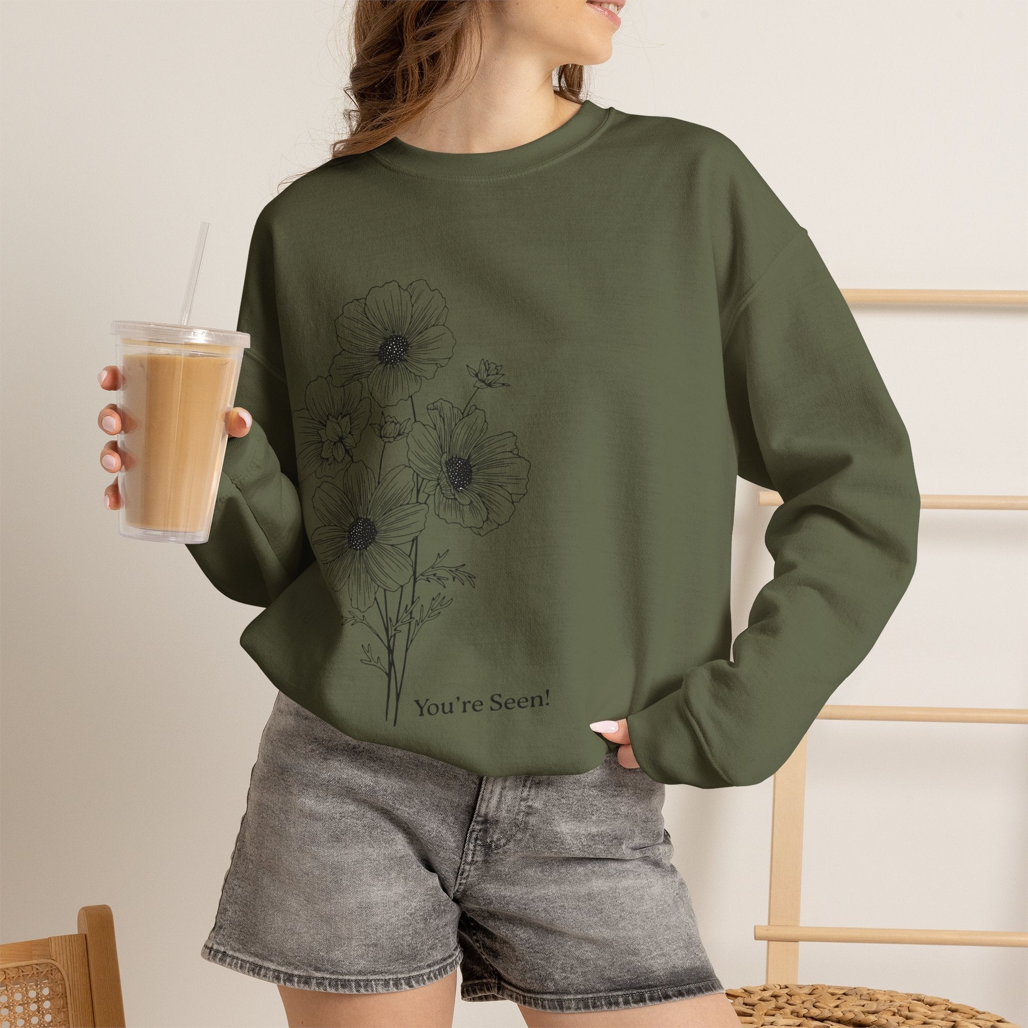 women Crewneck Sweatshirt — Minimal Black Floral "You're Seen" Design