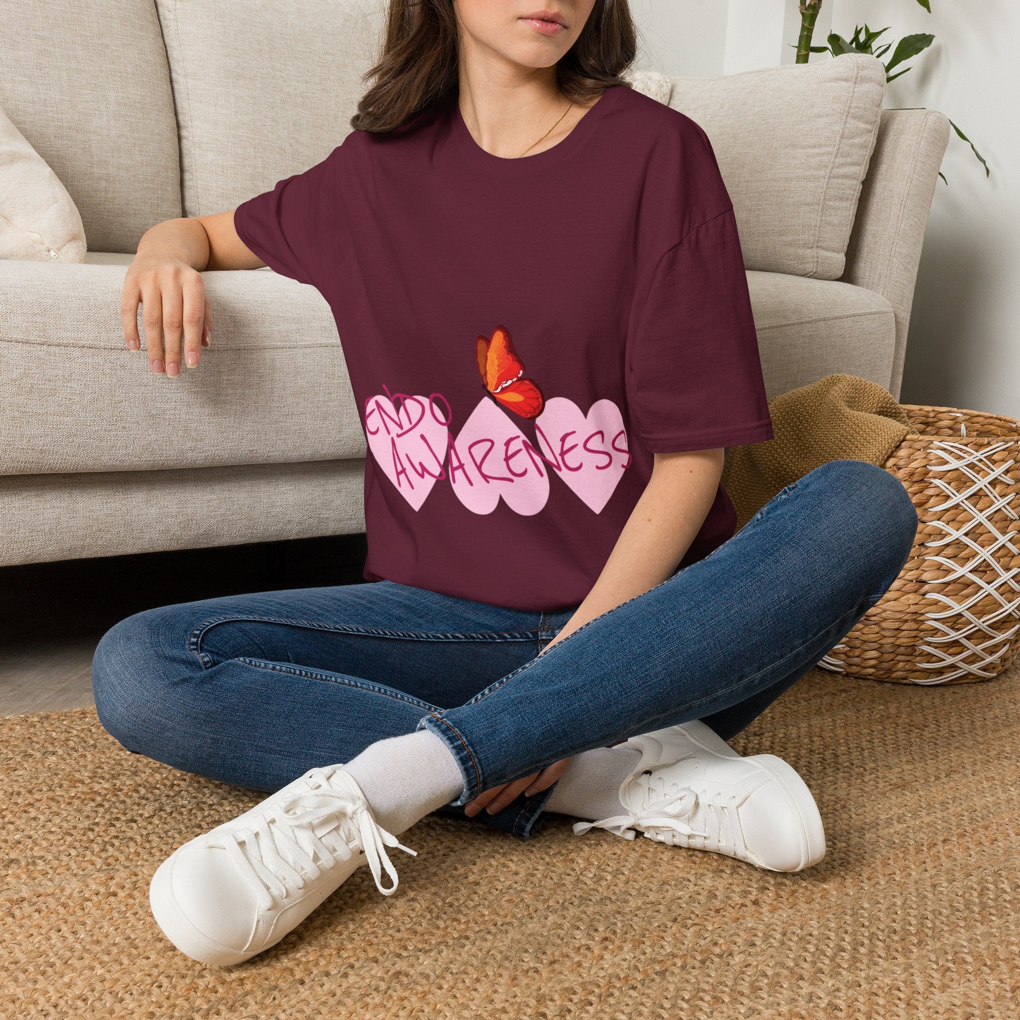 Women Endo Awareness T-Shirt — Pink Hearts & Butterfly Endometriosis Support Tee