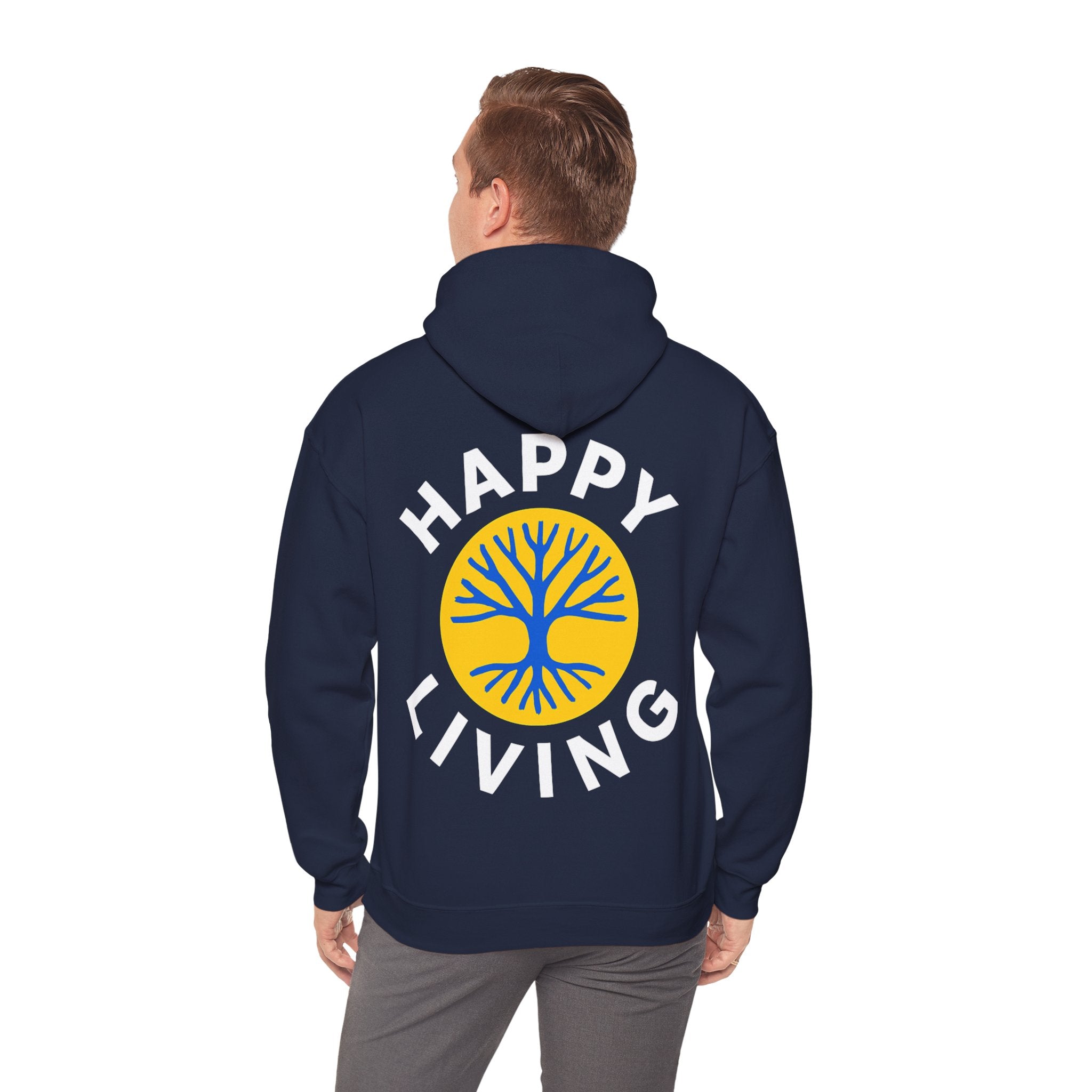 Men's Happy Living tree logo Hoodie | wellness lifestyle pullover
