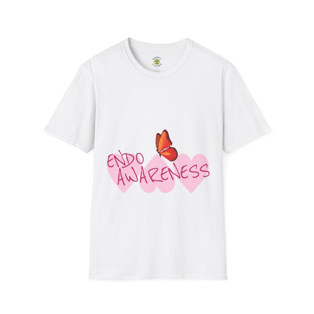 Women Endo Awareness T-Shirt — Pink Hearts & Butterfly Endometriosis Support Tee