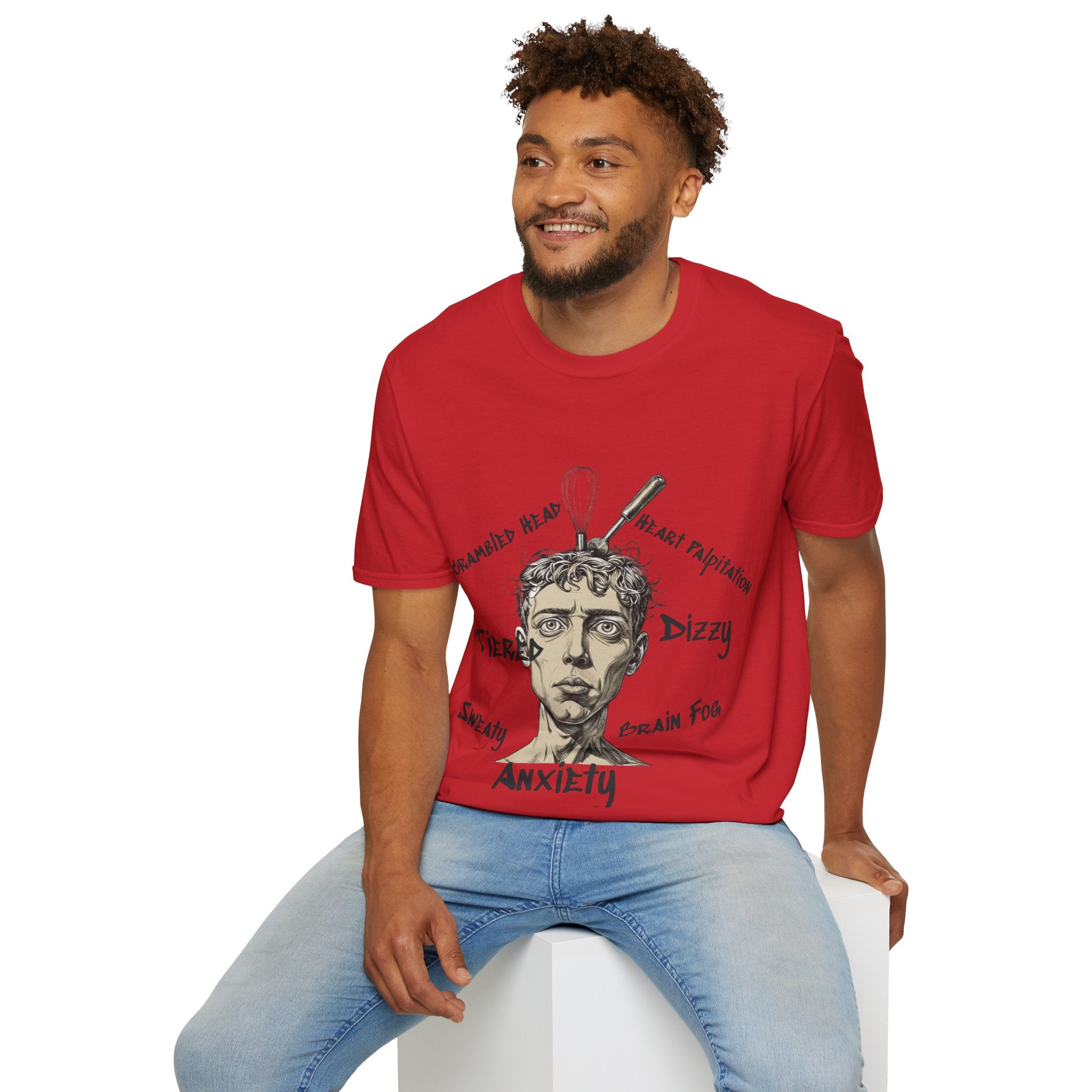 Men Anxiety Symptoms Graphic T-Shirt — Illustrated Brain Fog Dizzy Sweaty Design