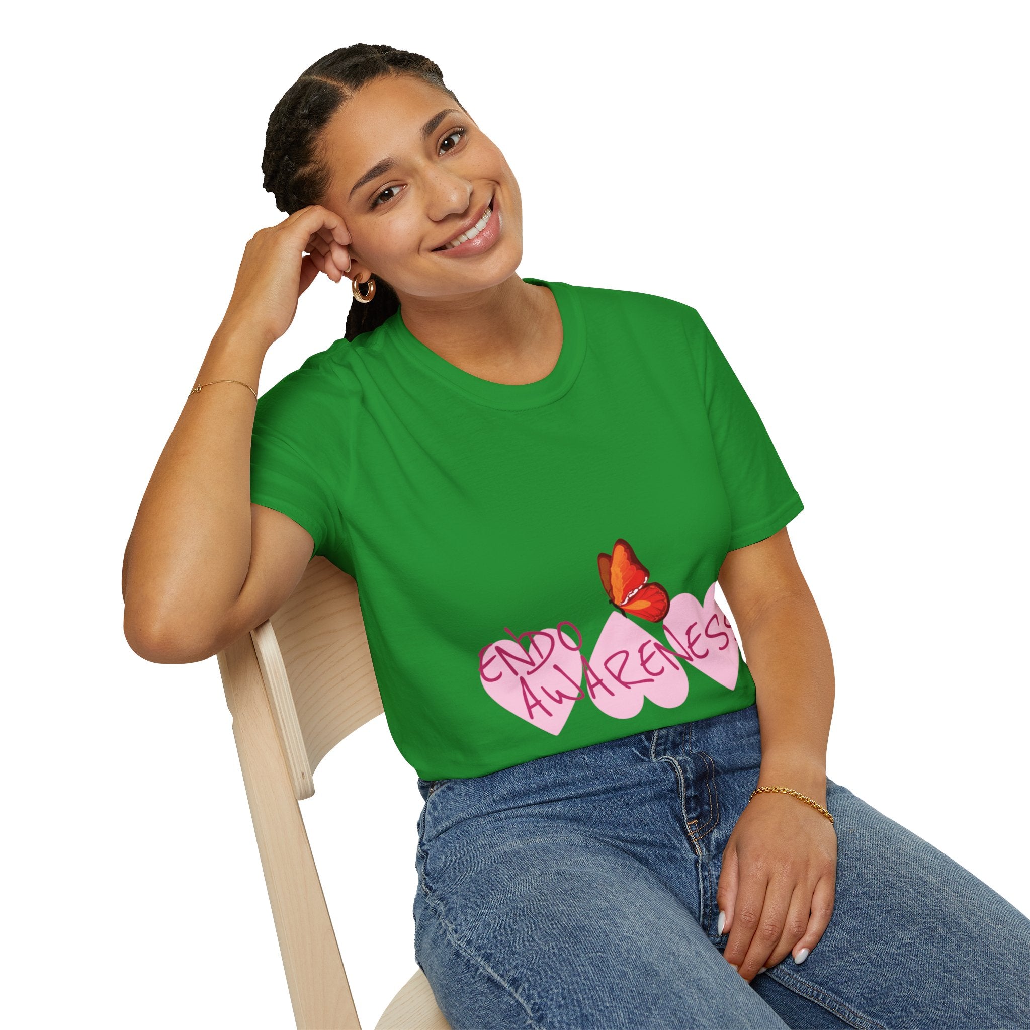 Women Endo Awareness T-Shirt — Pink Hearts & Butterfly Endometriosis Support Tee