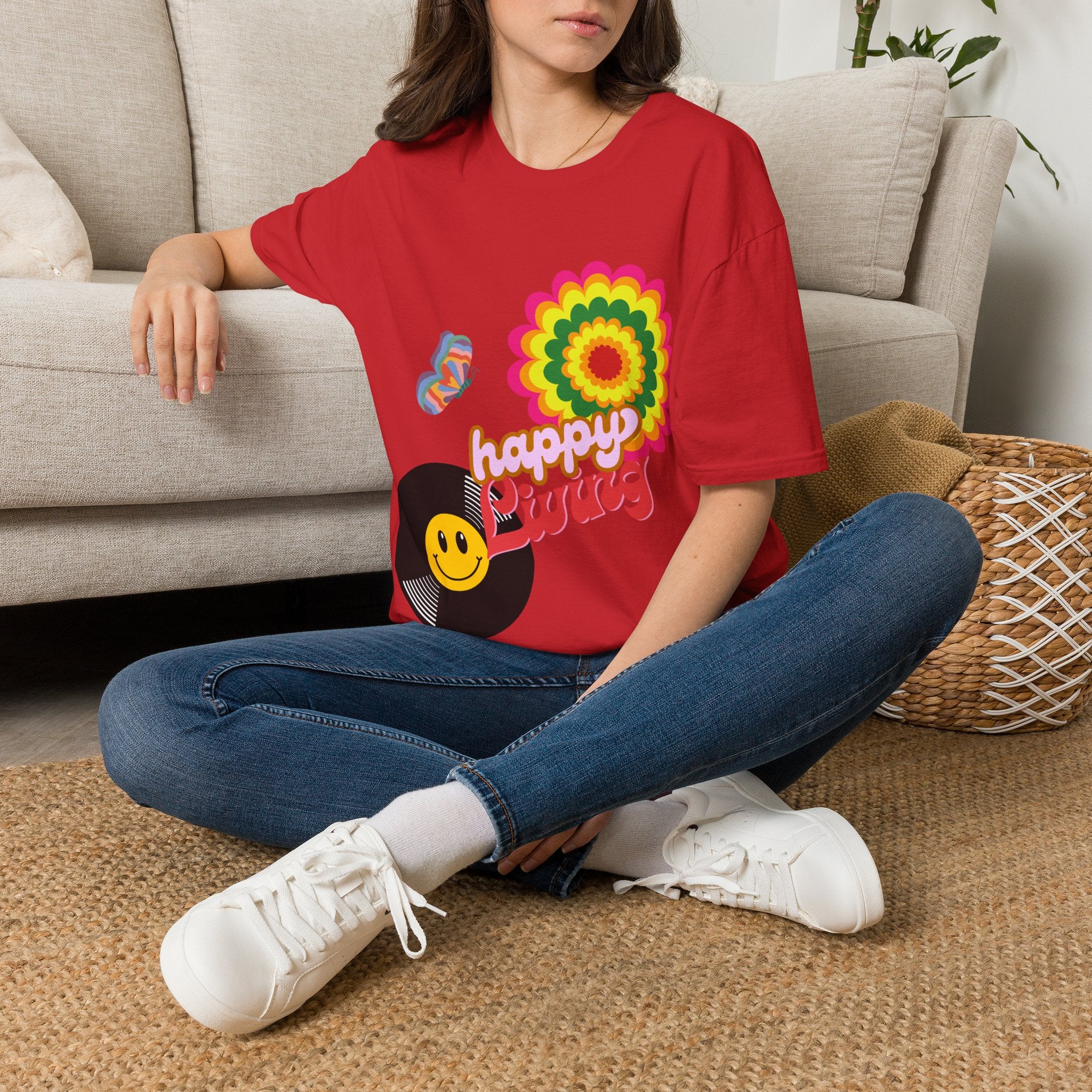 Women's Happy Vibes Retro Flower T‑Shirt