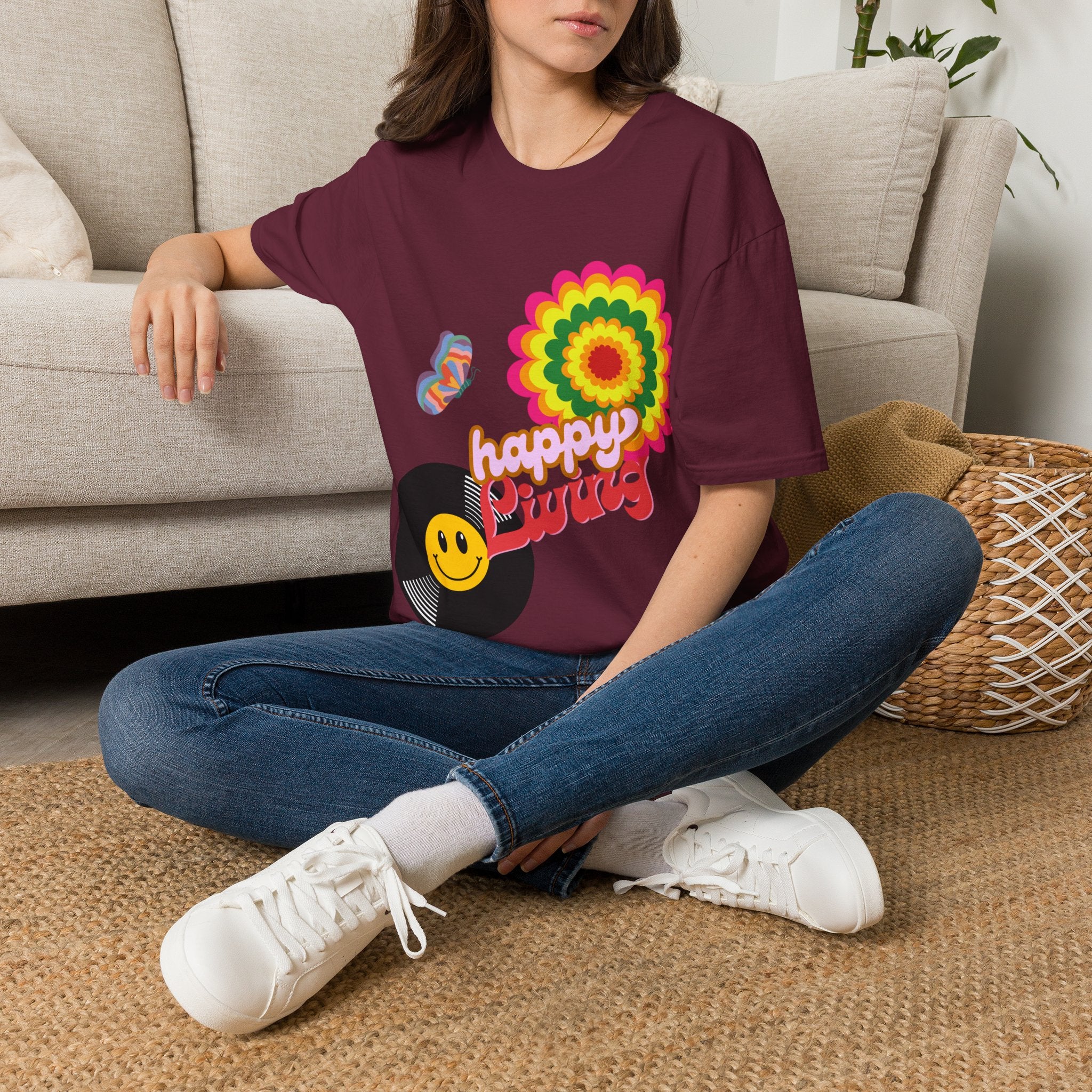 Women's Happy Vibes Retro Flower T‑Shirt