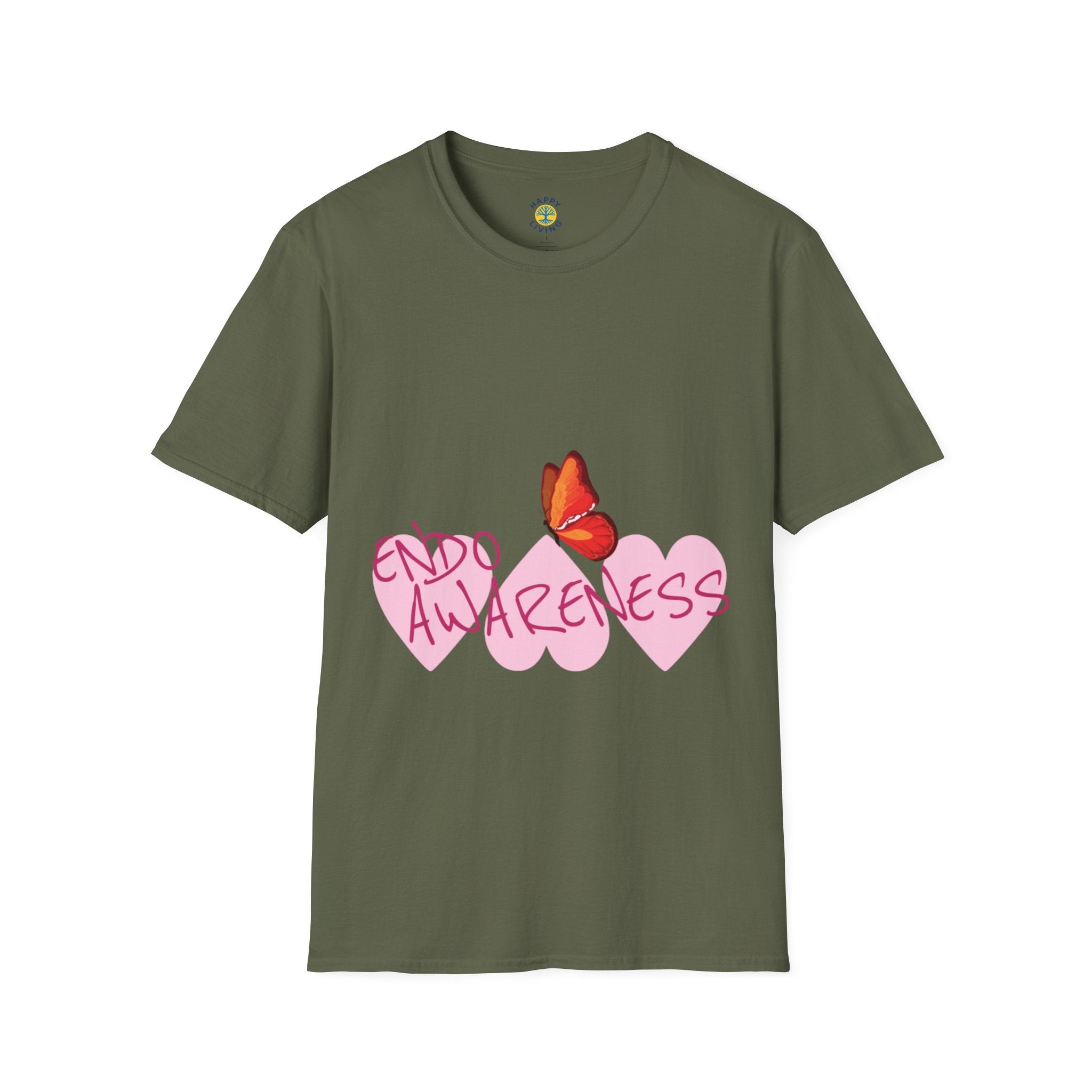 Women Endo Awareness T-Shirt — Pink Hearts & Butterfly Endometriosis Support Tee
