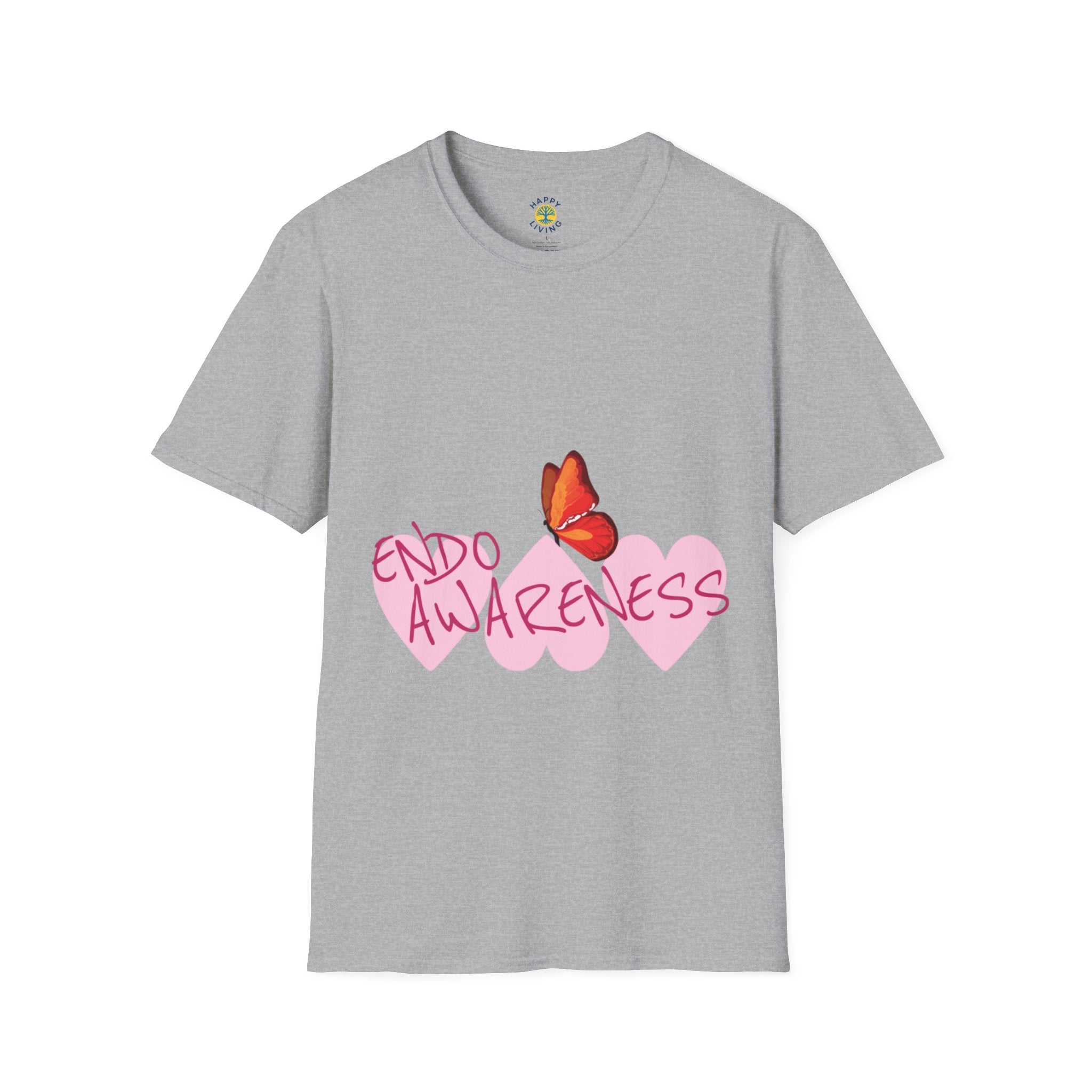 Women Endo Awareness T-Shirt — Pink Hearts & Butterfly Endometriosis Support Tee