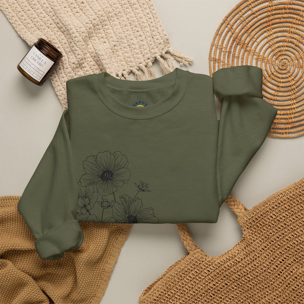 women Crewneck Sweatshirt — Minimal Black Floral "You're Seen" Design