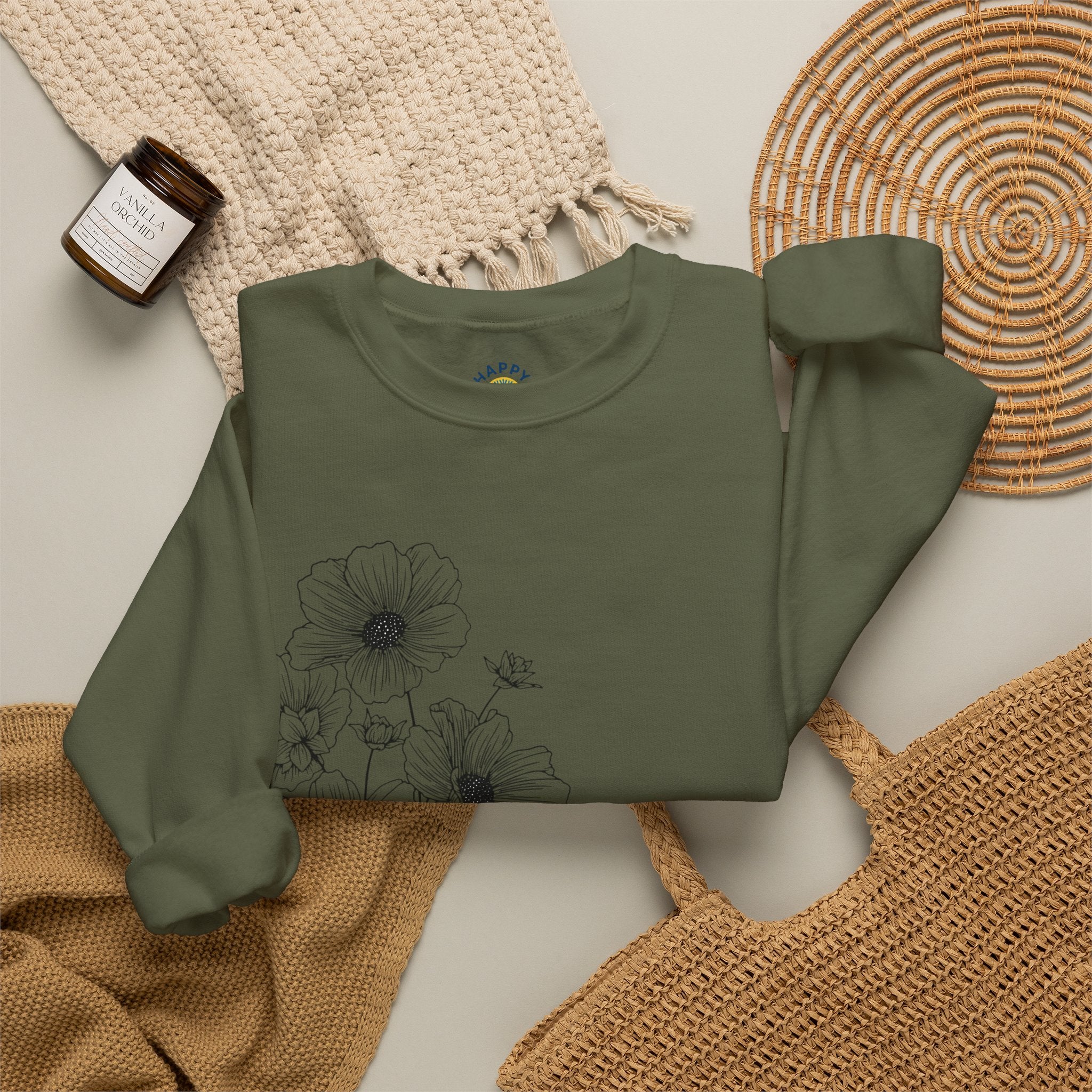 women Crewneck Sweatshirt — Minimal Black Floral "You're Seen" Design