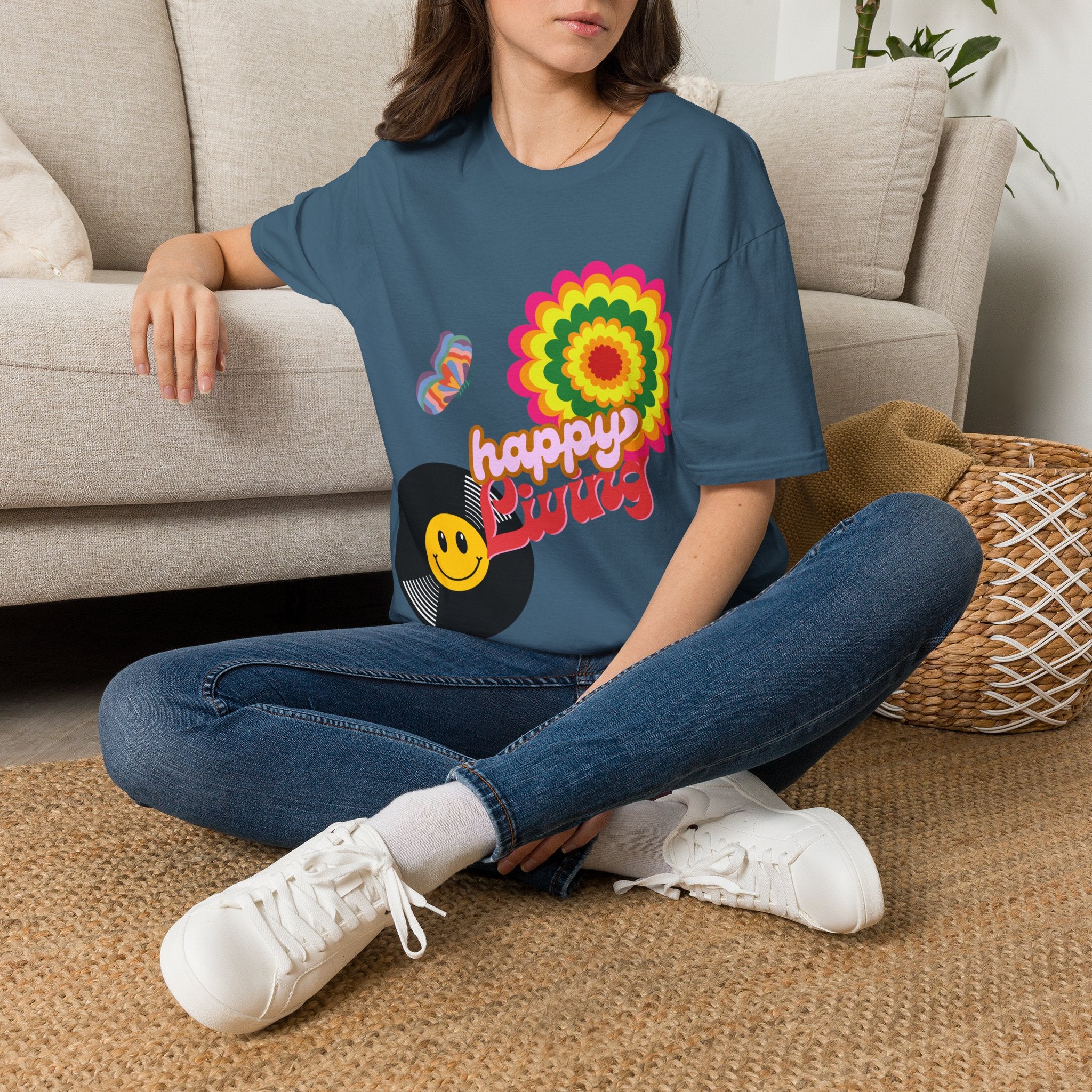 Women's Happy Vibes Retro Flower T‑Shirt