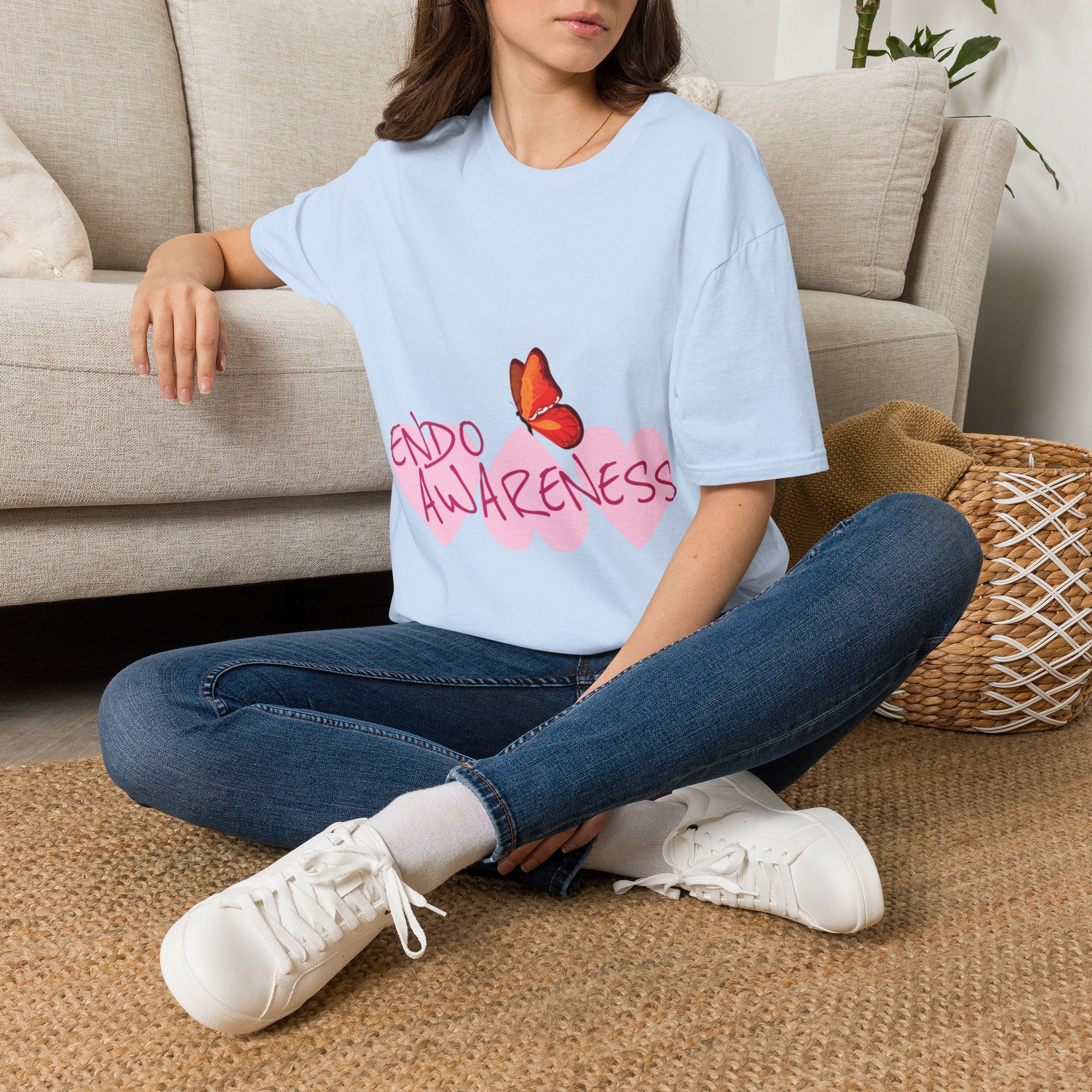 Women Endo Awareness T-Shirt — Pink Hearts & Butterfly Endometriosis Support Tee