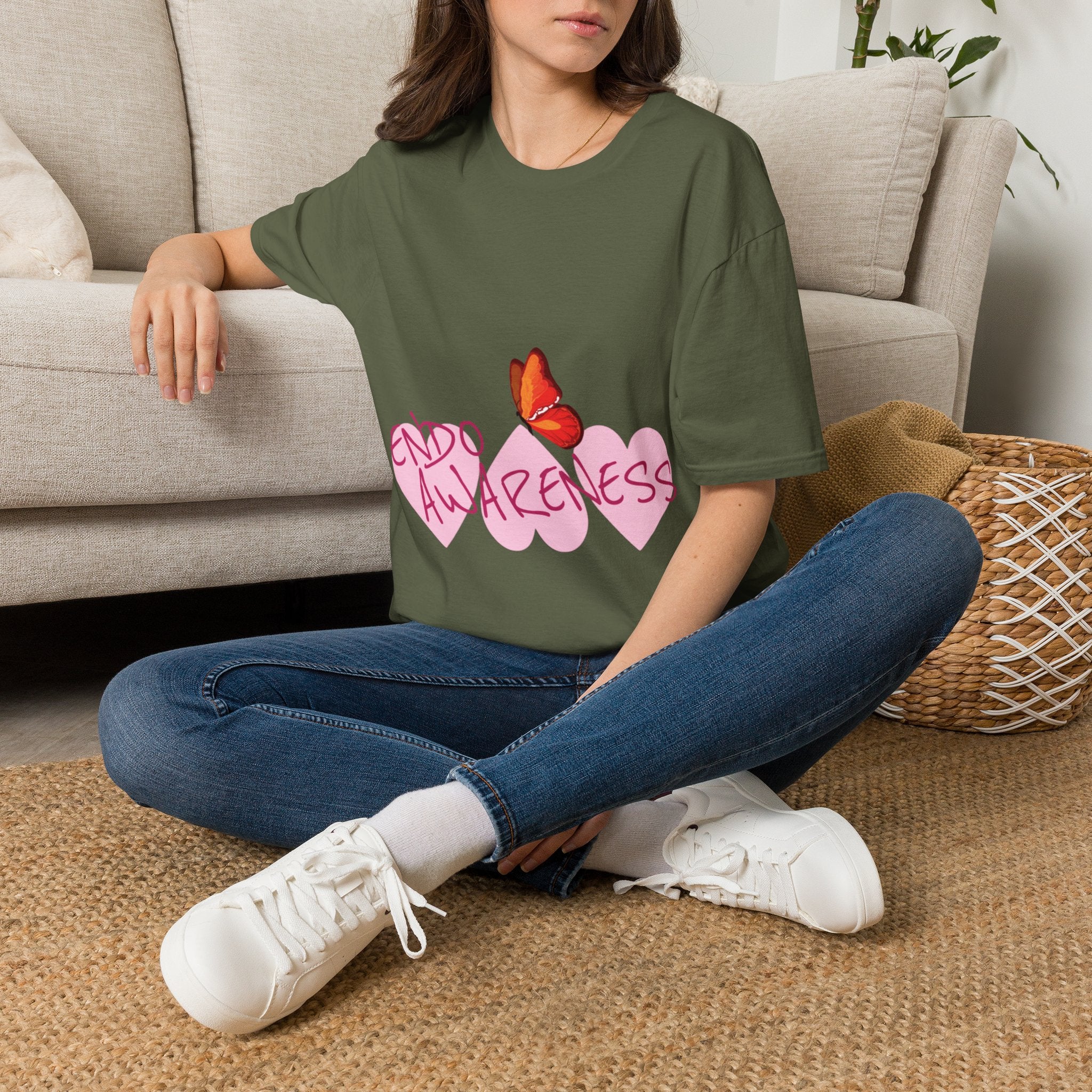 Women Endo Awareness T-Shirt — Pink Hearts & Butterfly Endometriosis Support Tee