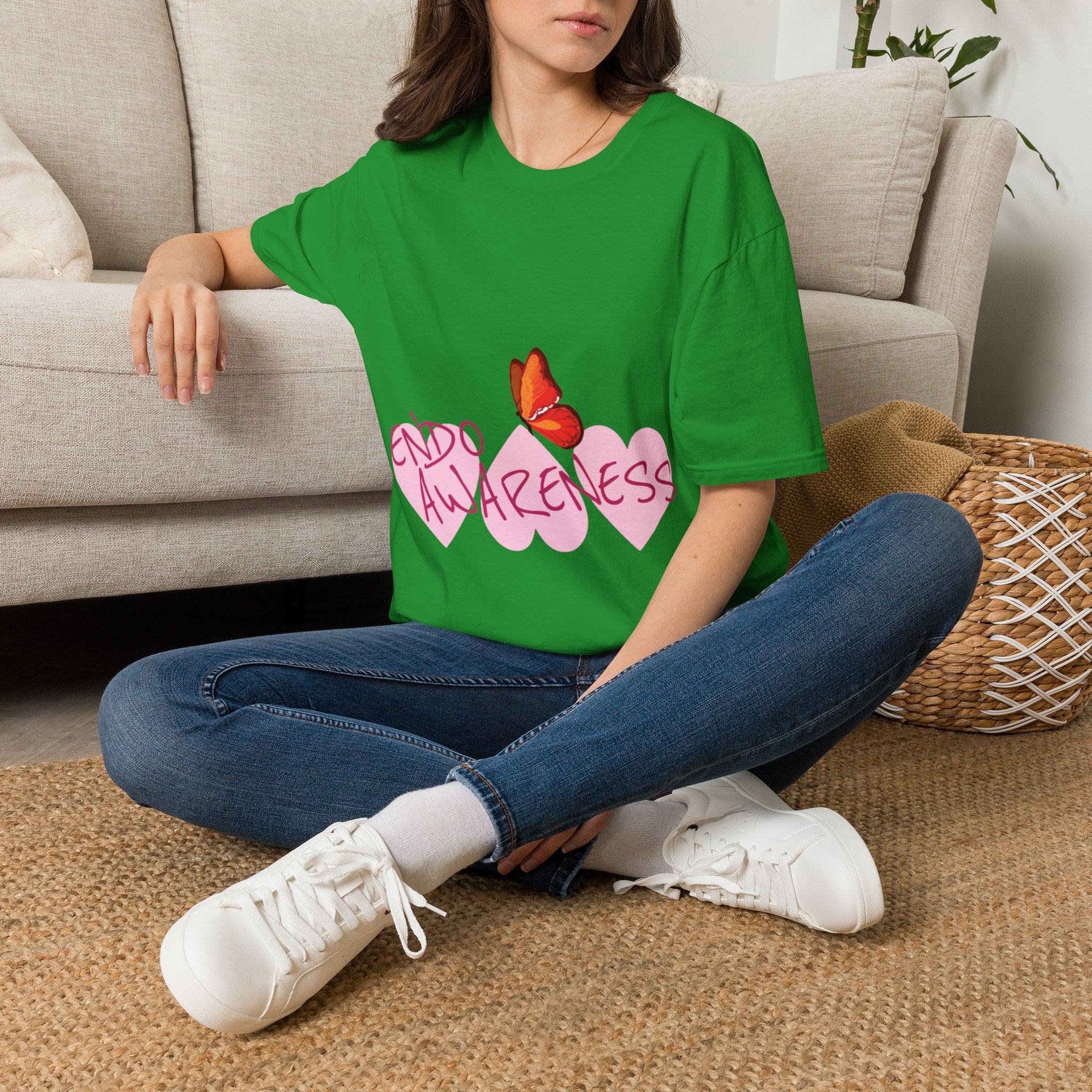 Women Endo Awareness T-Shirt — Pink Hearts & Butterfly Endometriosis Support Tee