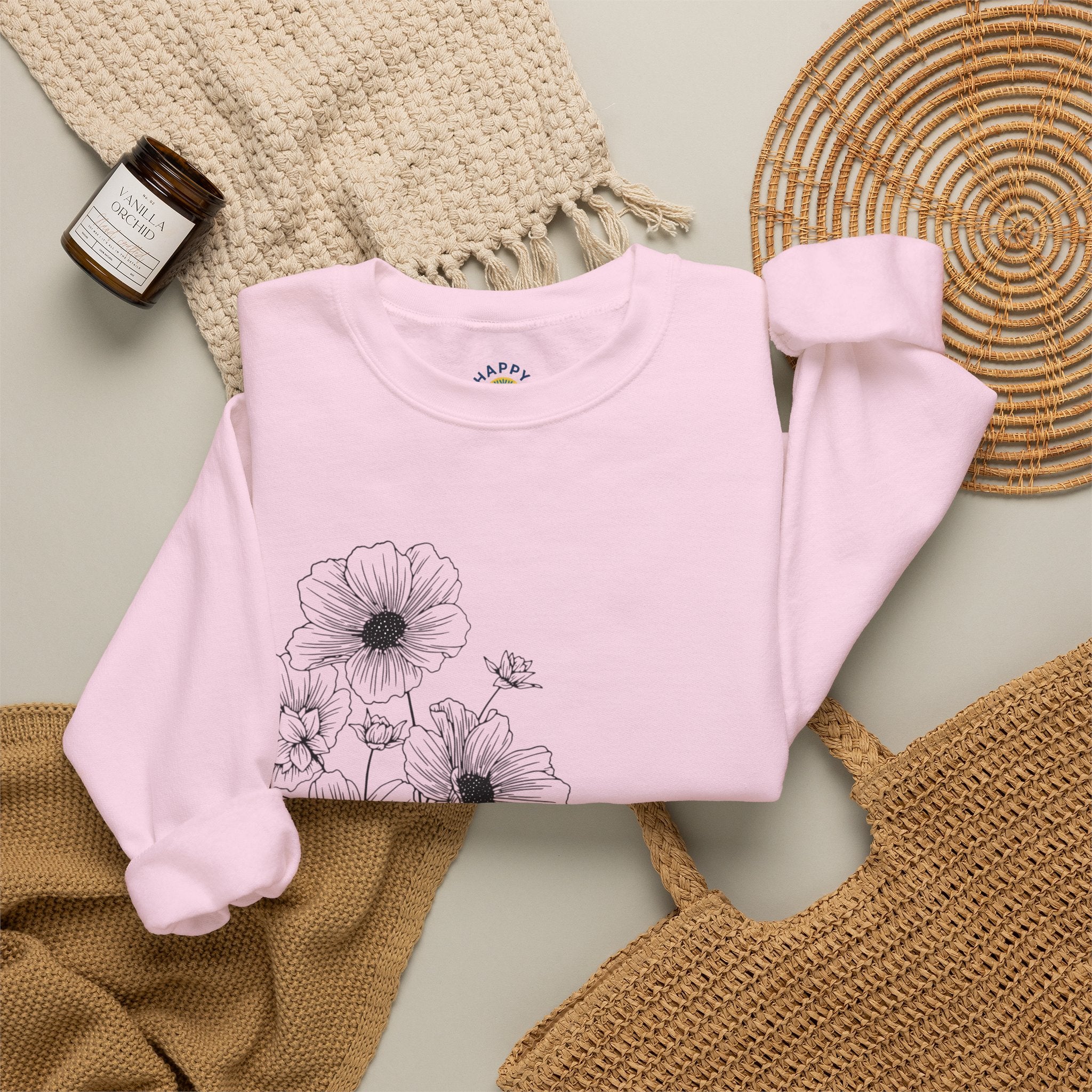 women Crewneck Sweatshirt — Minimal Black Floral "You're Seen" Design