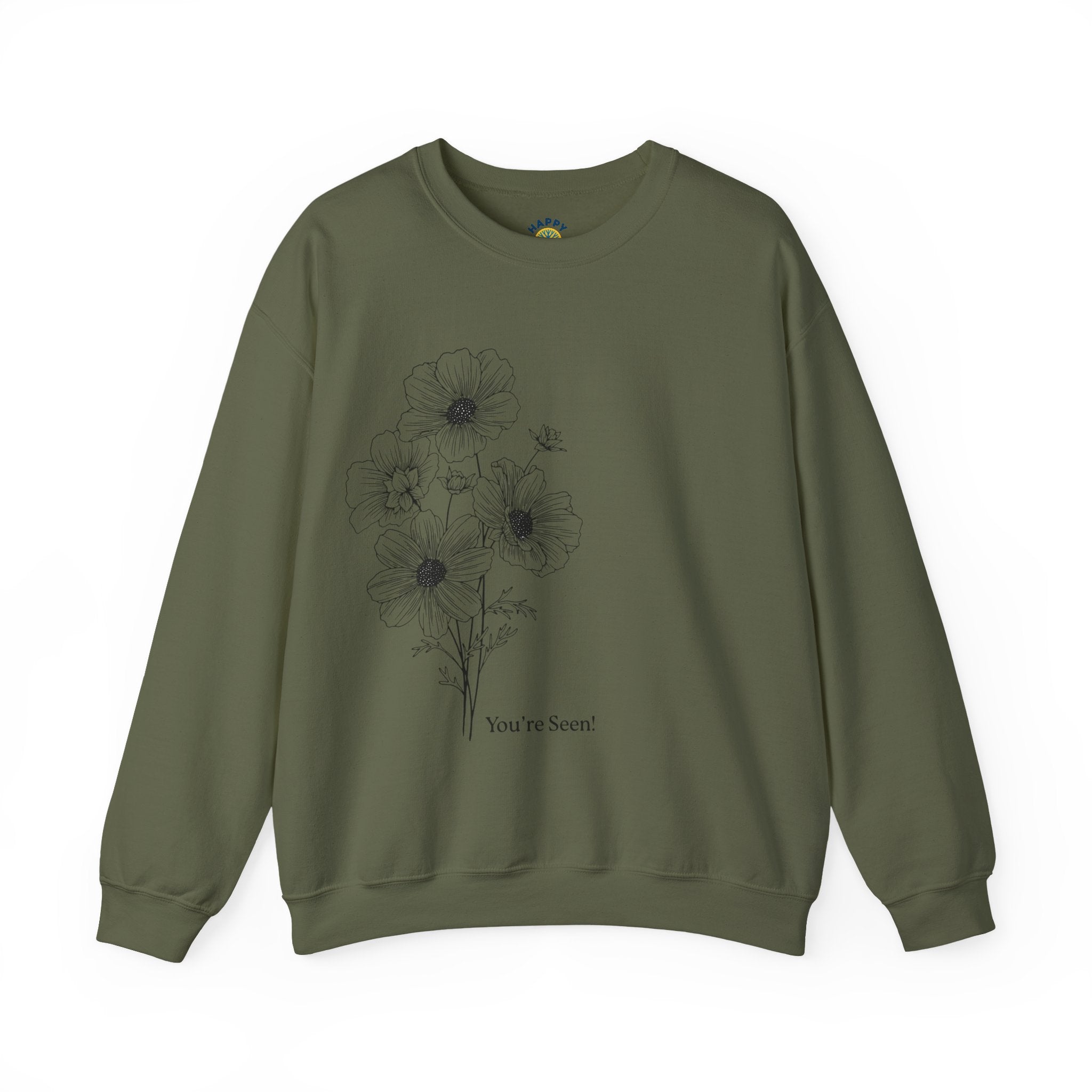 women Crewneck Sweatshirt — Minimal Black Floral "You're Seen" Design